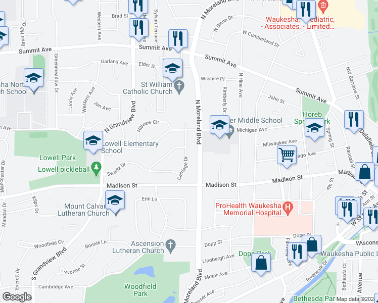 map of restaurants, bars, coffee shops, grocery stores, and more near 219 Carriage Drive in Waukesha