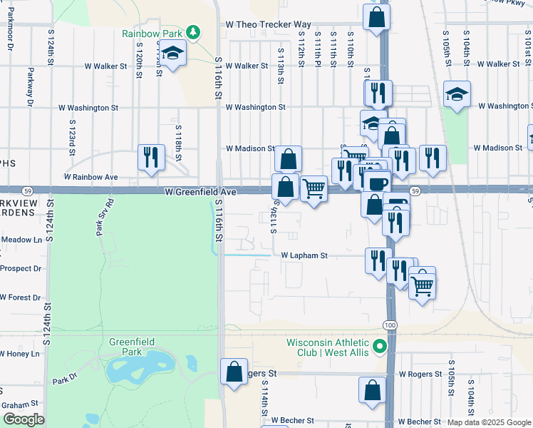 map of restaurants, bars, coffee shops, grocery stores, and more near 1433 South 113th Street in West Allis