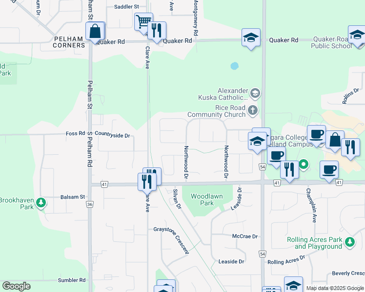 map of restaurants, bars, coffee shops, grocery stores, and more near 3 Briarsdale Crescent in Welland