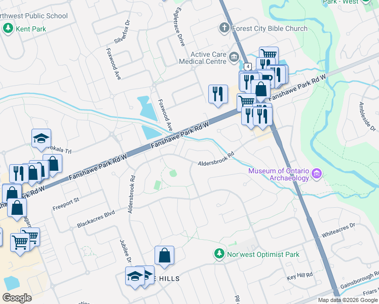 map of restaurants, bars, coffee shops, grocery stores, and more near 7 Fox Hollow Crescent in London