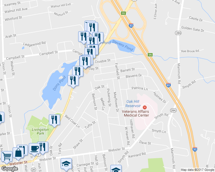 map of restaurants, bars, coffee shops, grocery stores, and more near 527 Pickering Street in Manchester