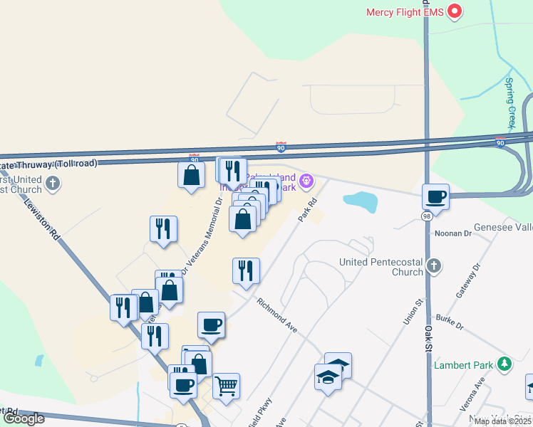 map of restaurants, bars, coffee shops, grocery stores, and more near 4300 Veterans Memorial Drive in Batavia