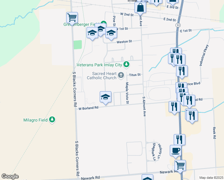 map of restaurants, bars, coffee shops, grocery stores, and more near 693 Metcalf Drive in Imlay City
