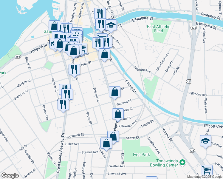 map of restaurants, bars, coffee shops, grocery stores, and more near 147 Delaware Street in Tonawanda