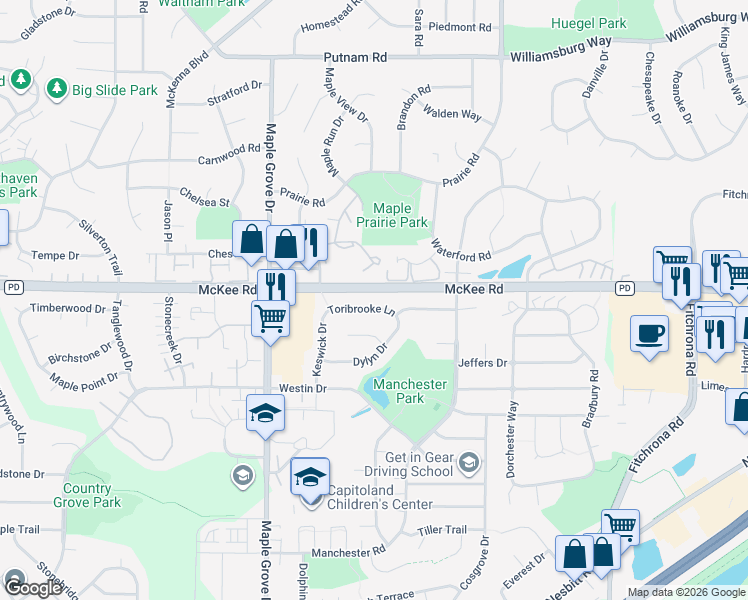 map of restaurants, bars, coffee shops, grocery stores, and more near 6418 Toribrooke Lane in Madison