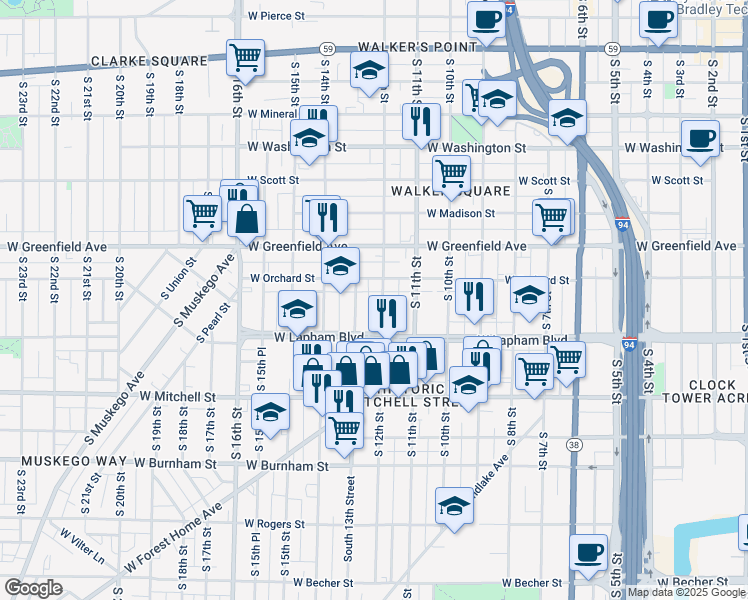 map of restaurants, bars, coffee shops, grocery stores, and more near 1525 South 12th Street in Milwaukee