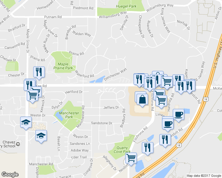 map of restaurants, bars, coffee shops, grocery stores, and more near 3001 Bradbury Road in Madison