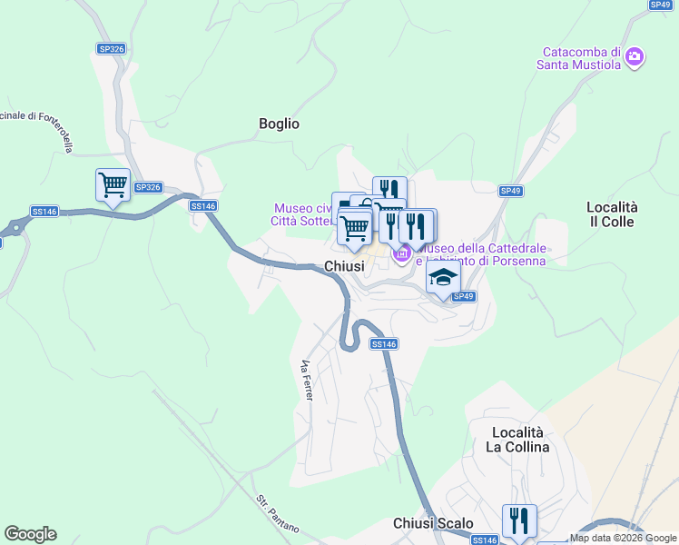 map of restaurants, bars, coffee shops, grocery stores, and more near 20 Via Guglielmo Marconi in Chiusi