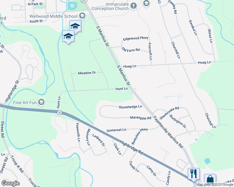 map of restaurants, bars, coffee shops, grocery stores, and more near 7670 Hunt Lane in Fayetteville