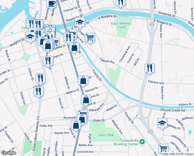 map of restaurants, bars, coffee shops, grocery stores, and more near 232 Young Street in Tonawanda