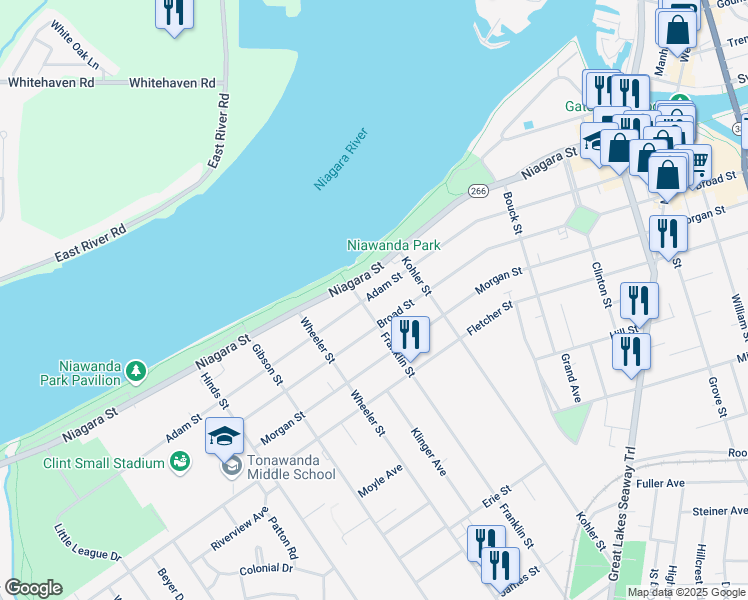 map of restaurants, bars, coffee shops, grocery stores, and more near 339 Adam Street in Tonawanda