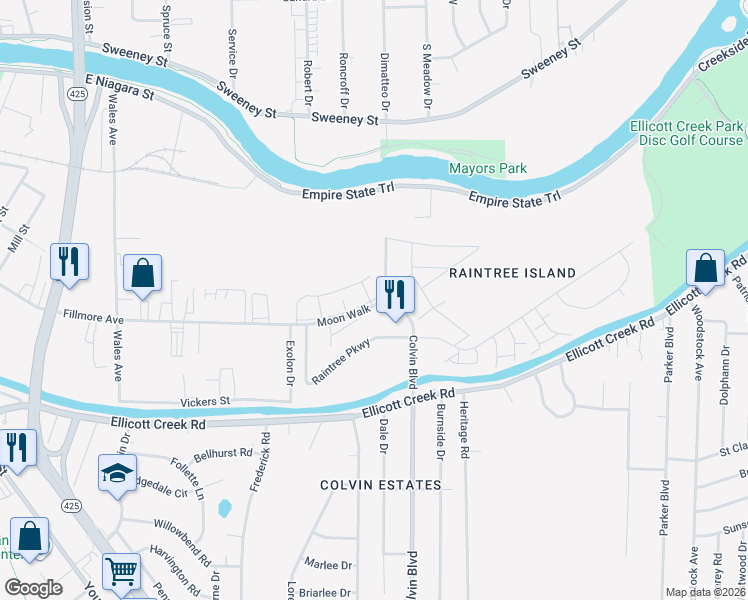 map of restaurants, bars, coffee shops, grocery stores, and more near 51 Raintree Island in Tonawanda