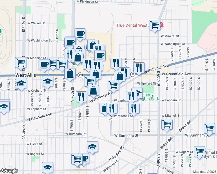map of restaurants, bars, coffee shops, grocery stores, and more near 6620 West National Avenue in West Allis