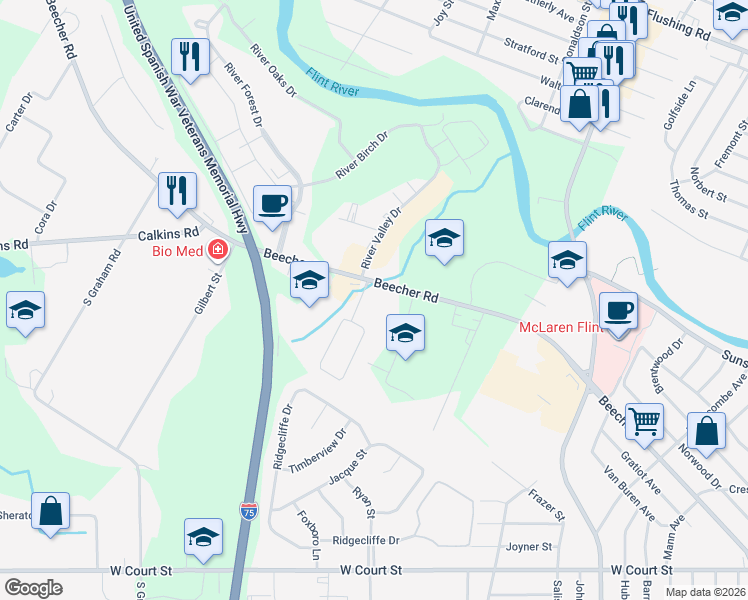 map of restaurants, bars, coffee shops, grocery stores, and more near 3317 Beecher Road in Flint