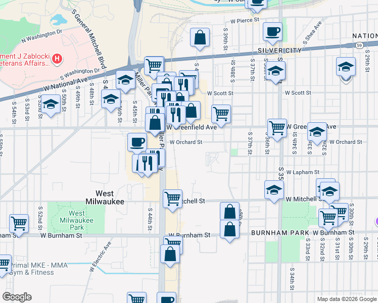 map of restaurants, bars, coffee shops, grocery stores, and more near 4107 West Orchard Street in Milwaukee