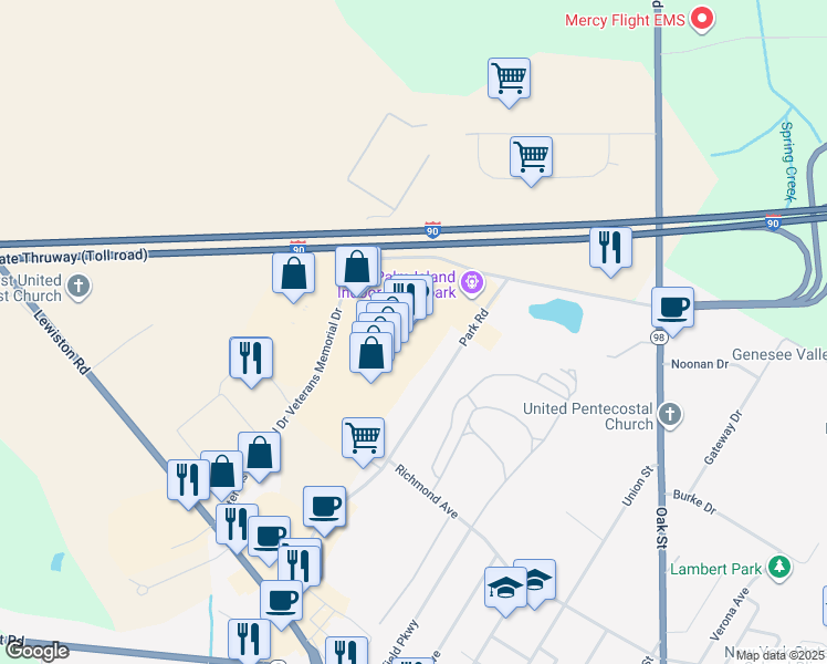 map of restaurants, bars, coffee shops, grocery stores, and more near 4300 Veterans Memorial Drive in Batavia