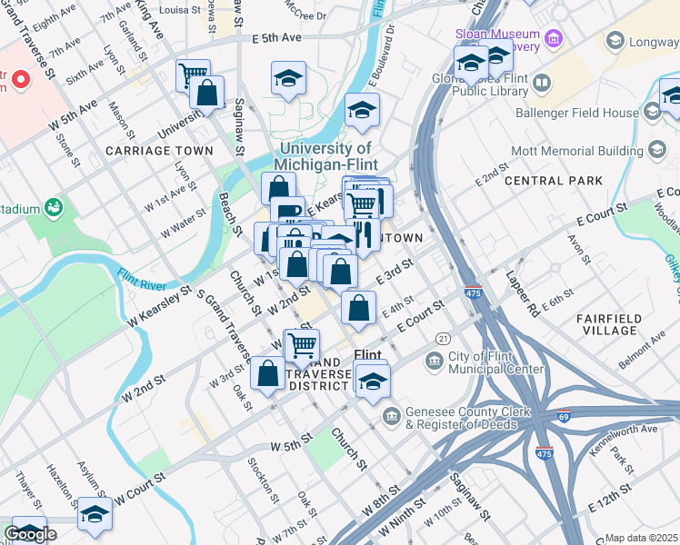 map of restaurants, bars, coffee shops, grocery stores, and more near 140 East 2nd Street in Flint