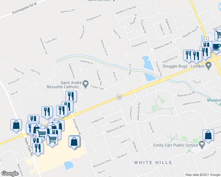 map of restaurants, bars, coffee shops, grocery stores, and more near 2599 Tokala Trail in London