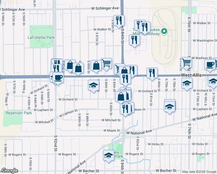 map of restaurants, bars, coffee shops, grocery stores, and more near 1437 South 86th Street in West Allis