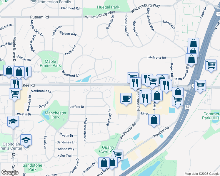 map of restaurants, bars, coffee shops, grocery stores, and more near 5909 High Tower Trail in Madison