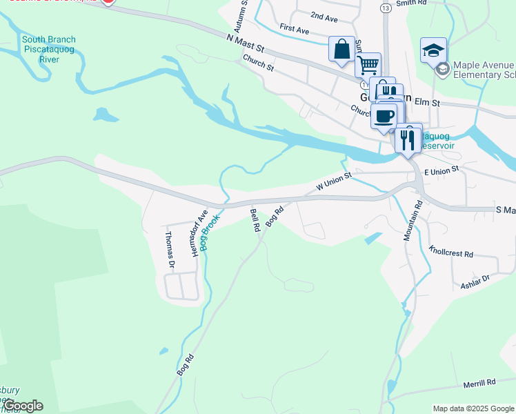 map of restaurants, bars, coffee shops, grocery stores, and more near 87 New Boston Road in Goffstown