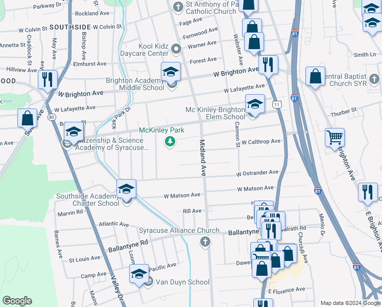 map of restaurants, bars, coffee shops, grocery stores, and more near 319 West Calthrop Avenue in Syracuse