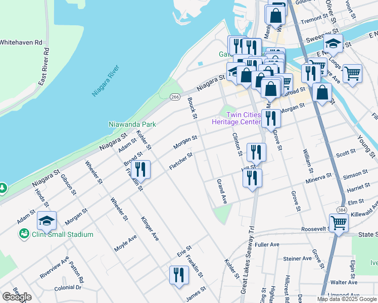map of restaurants, bars, coffee shops, grocery stores, and more near 286 Fletcher Street in Tonawanda