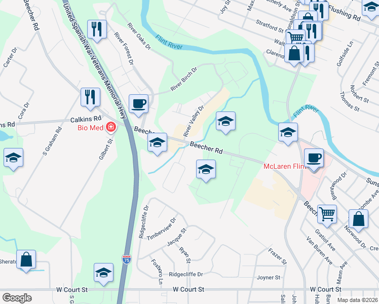 map of restaurants, bars, coffee shops, grocery stores, and more near 3317 Beecher Road in Flint