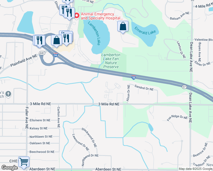 map of restaurants, bars, coffee shops, grocery stores, and more near 2869 Central Park Way Northeast in Grand Rapids
