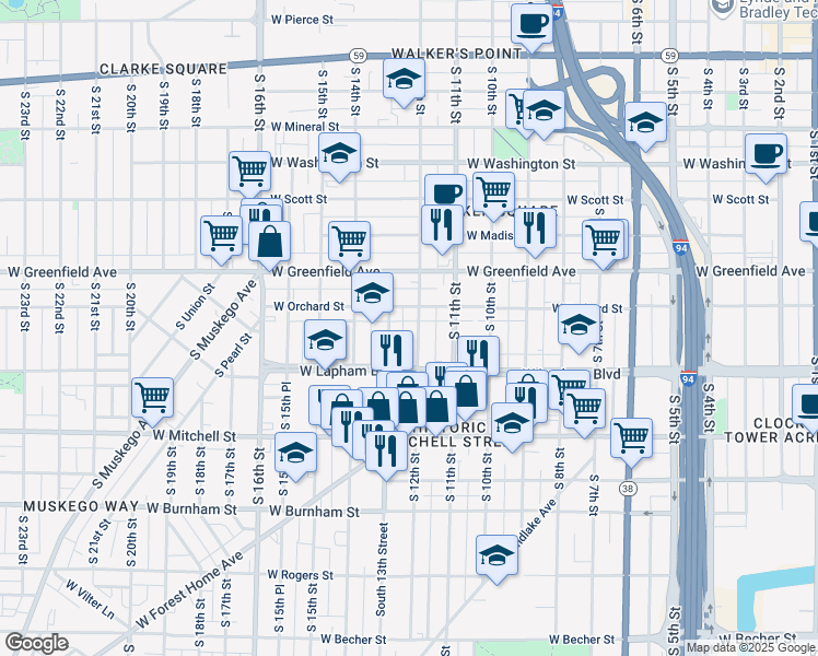 map of restaurants, bars, coffee shops, grocery stores, and more near 1525 South 12th Street in Milwaukee