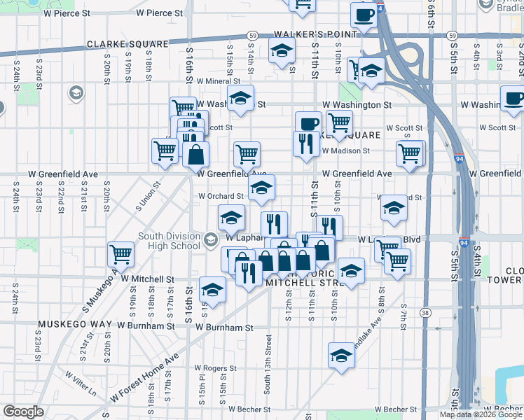 map of restaurants, bars, coffee shops, grocery stores, and more near in Milwaukee