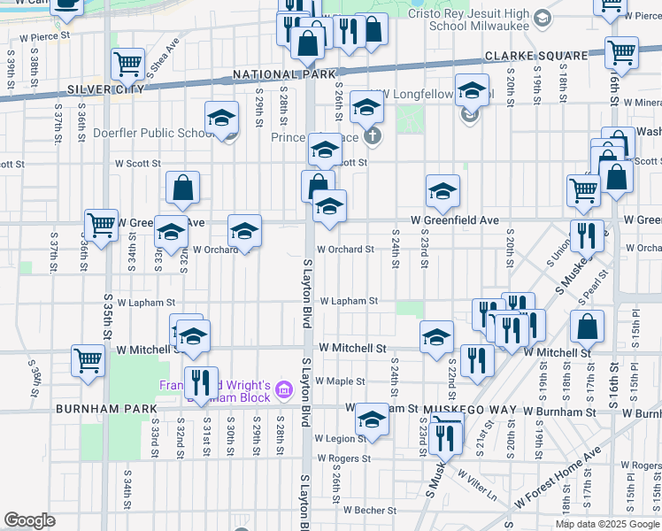 map of restaurants, bars, coffee shops, grocery stores, and more near 1521 South 26th Street in Milwaukee