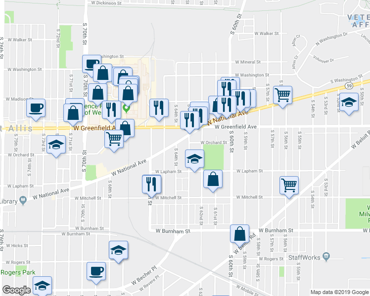 map of restaurants, bars, coffee shops, grocery stores, and more near 1507 South 63rd Street in West Allis