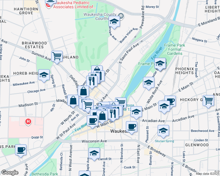 map of restaurants, bars, coffee shops, grocery stores, and more near 220 Maria Street in Waukesha