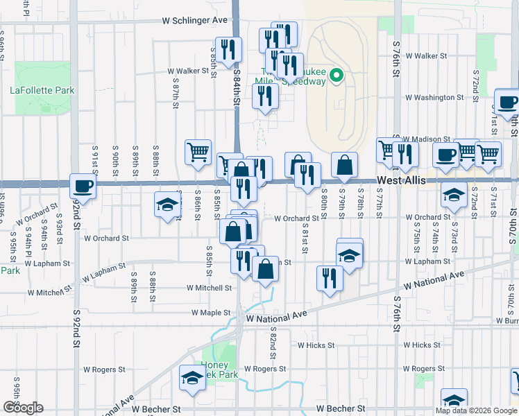 map of restaurants, bars, coffee shops, grocery stores, and more near 1482 South 84th Street in West Allis