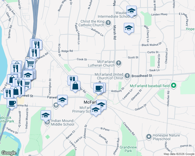 map of restaurants, bars, coffee shops, grocery stores, and more near 5704 Main Street in McFarland