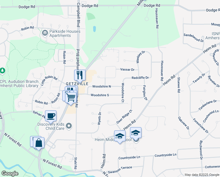 map of restaurants, bars, coffee shops, grocery stores, and more near 99 Woodshire South in Erie County