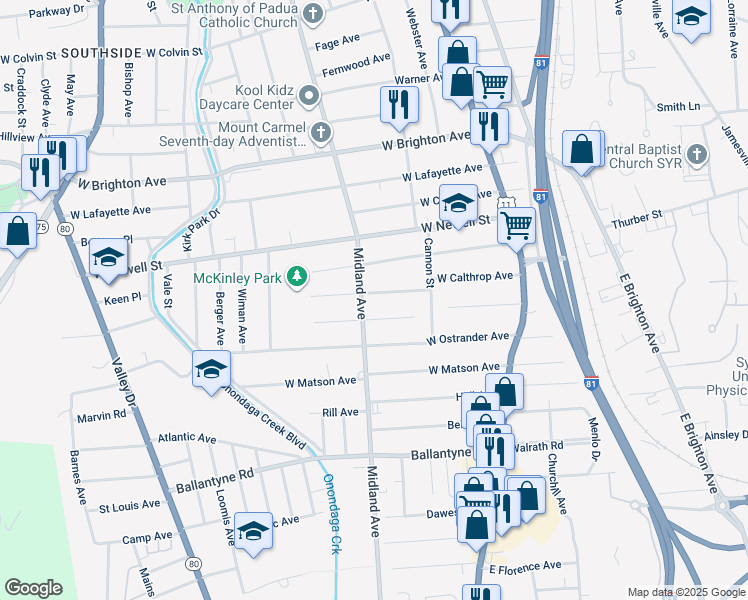 map of restaurants, bars, coffee shops, grocery stores, and more near 283 West Calthrop Avenue in Syracuse