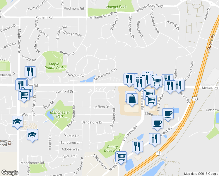 map of restaurants, bars, coffee shops, grocery stores, and more near 5909 High Tower Trail in Madison