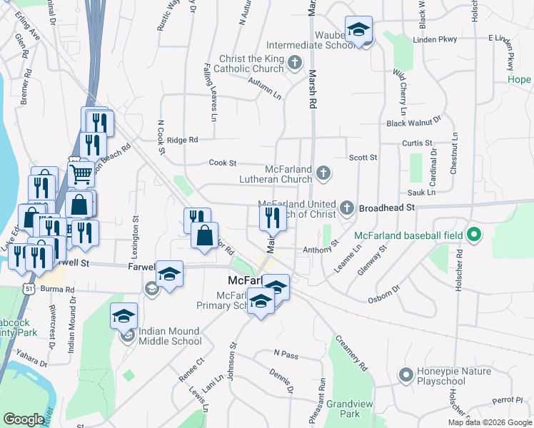 map of restaurants, bars, coffee shops, grocery stores, and more near 5704 Main Street in McFarland
