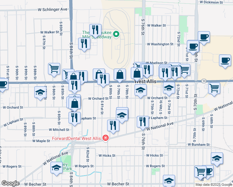 map of restaurants, bars, coffee shops, grocery stores, and more near 1451 South 79th Street in West Allis