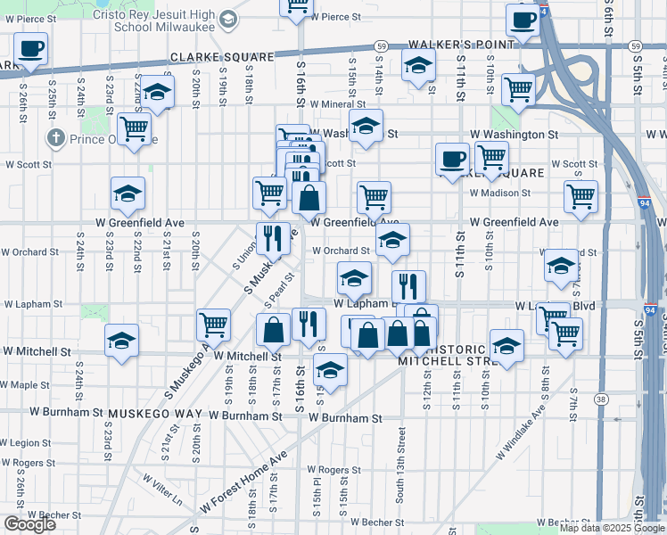map of restaurants, bars, coffee shops, grocery stores, and more near 1524 South 15th Place in Milwaukee