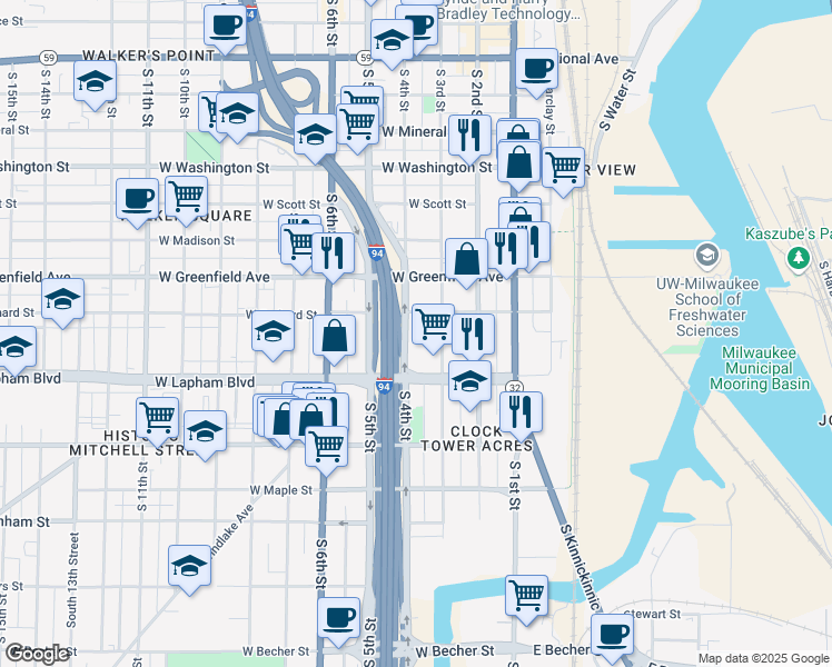 map of restaurants, bars, coffee shops, grocery stores, and more near 1524 South 4th Street in Milwaukee