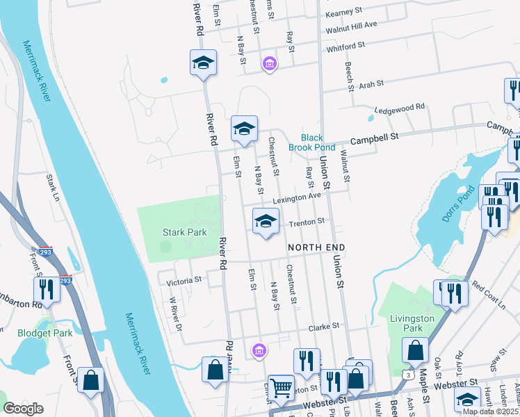 map of restaurants, bars, coffee shops, grocery stores, and more near 27 Lexington Avenue in Manchester