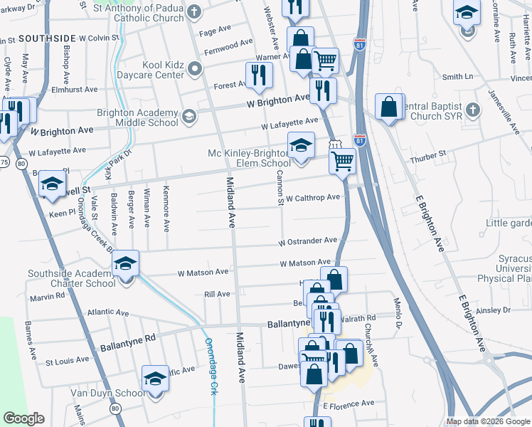 map of restaurants, bars, coffee shops, grocery stores, and more near 231 West Calthrop Avenue in Syracuse