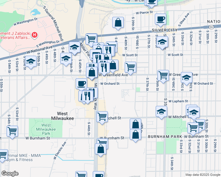 map of restaurants, bars, coffee shops, grocery stores, and more near 4107 West Orchard Street in Milwaukee
