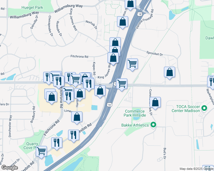 map of restaurants, bars, coffee shops, grocery stores, and more near 6189 McKee Road in Fitchburg