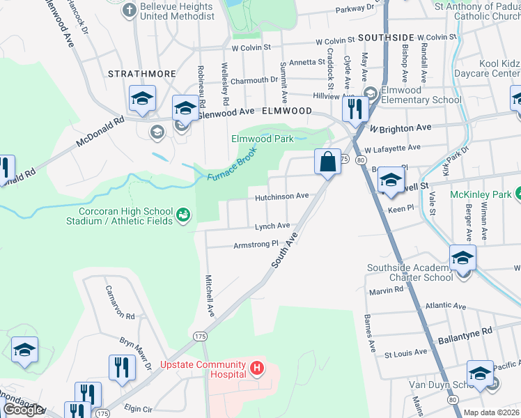 map of restaurants, bars, coffee shops, grocery stores, and more near 214 Fletcher Ave in Syracuse