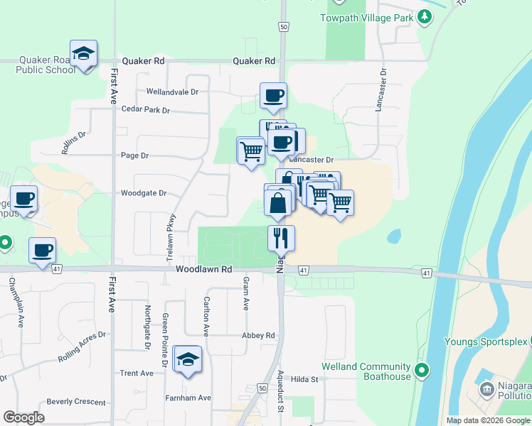 map of restaurants, bars, coffee shops, grocery stores, and more near in Welland