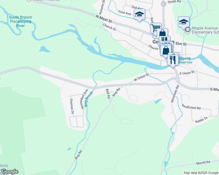 map of restaurants, bars, coffee shops, grocery stores, and more near 87 New Boston Road in Goffstown
